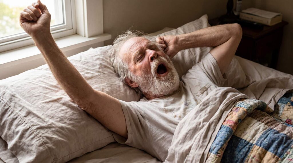 Older man waking up in bed with arms stretched above head, yawning widely