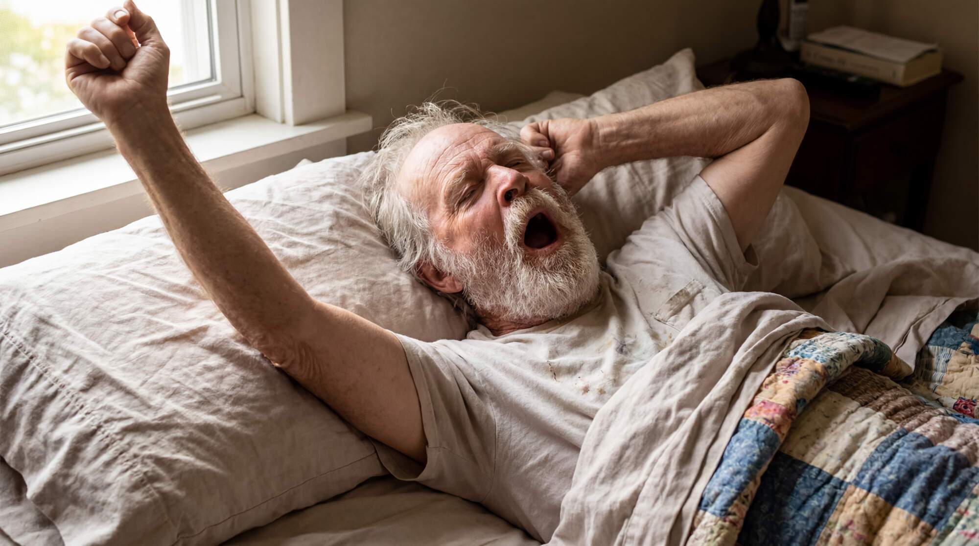 Older man waking up in bed with arms stretched above head, yawning widely